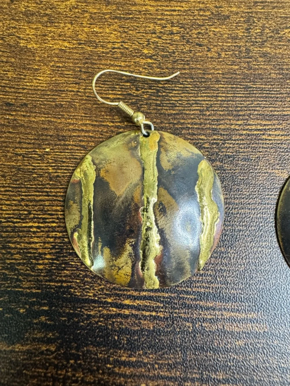🍄Hand Crafted Gold Textured Round Drop Earrings - Copper and Brass - Picture 4 of 8